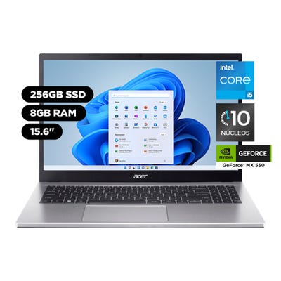 Laptop Acer Aspire 3 15.6" Windows 11 Intel Core i5 12a Gen 10 Núcleos 8GB 256GB SSD NVIDIA MX550
