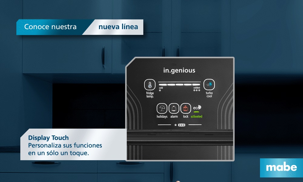 Maneja fácilmente todas las funciones del refrigerador con sus controles sensibles al tacto con funciones como, Control de temperatura, Power Cool, Vacaciones, Alarma, Bloqueo de panel y Energy Saver.